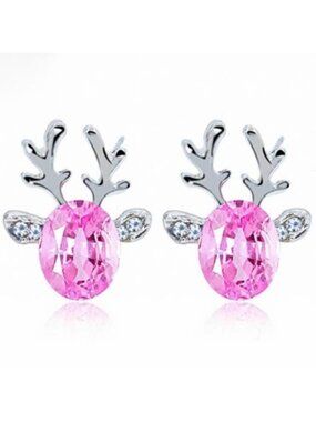 Reindeer Pink Crystal Christmas Silver Stud Earrings